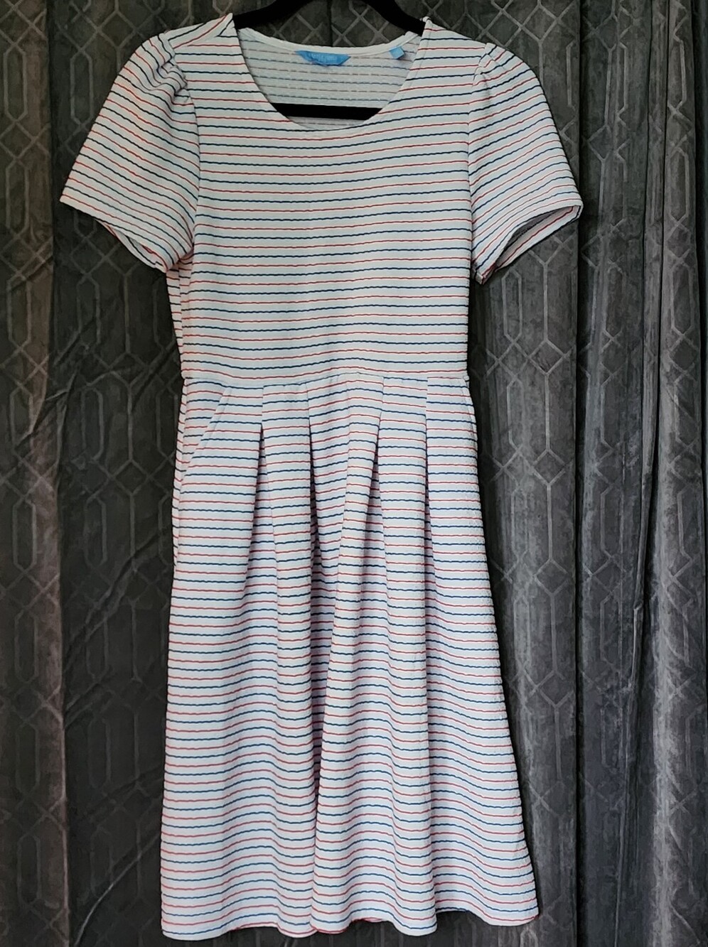Draper James Striped Short Fit-and-Flare Dress - White with Navy & Red Stripes